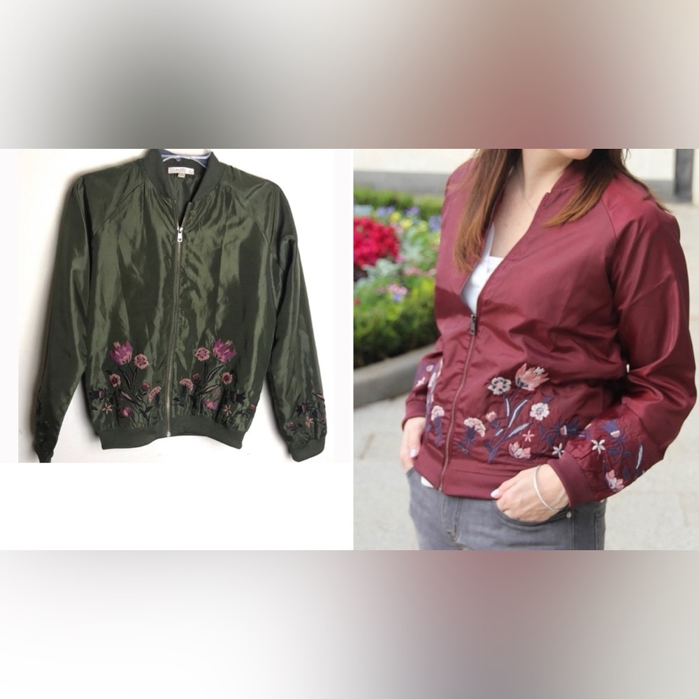 EUC- LOVE Fire GREEN Embroidered Satin Bomber Jacket